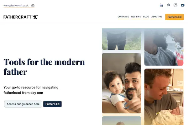 a screenshot of Fathercraft UK's website of baby and father photos and hero header text
